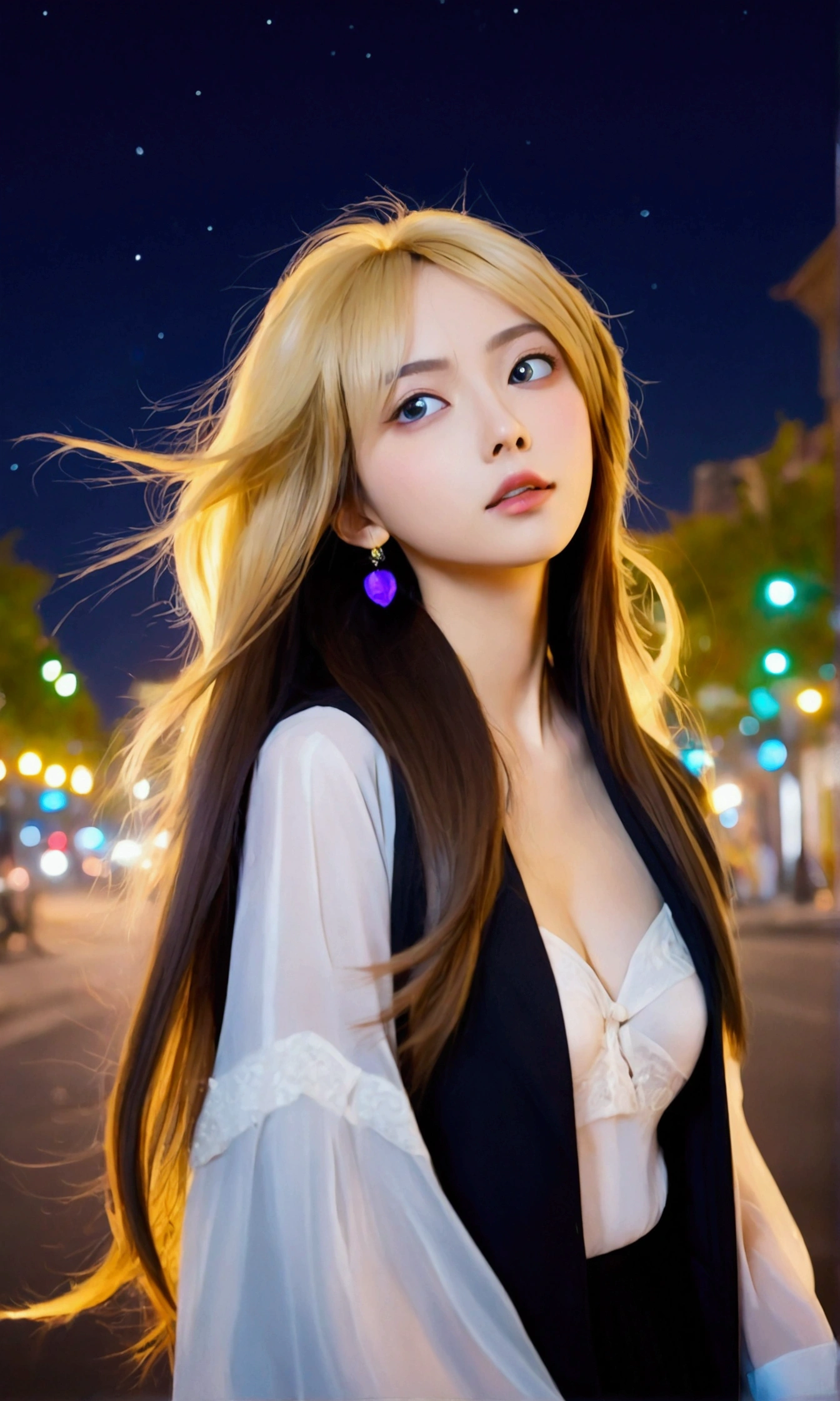 The girl has big eyes, delicate features and long flowing hair. She walks in the city and looks up at the starry sky.,