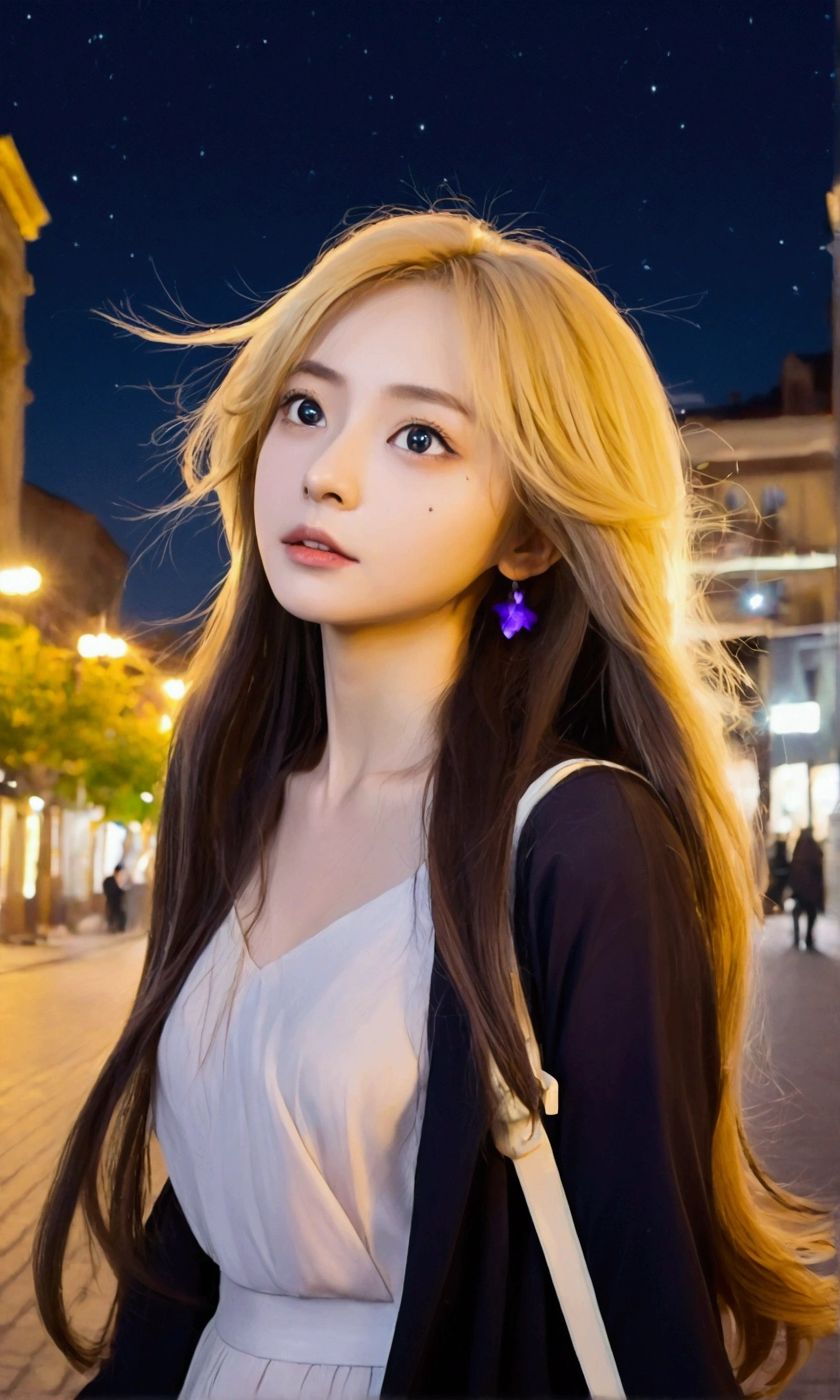 The girl has big eyes, delicate features and long flowing hair. She walks in the city and looks up at the starry sky.,