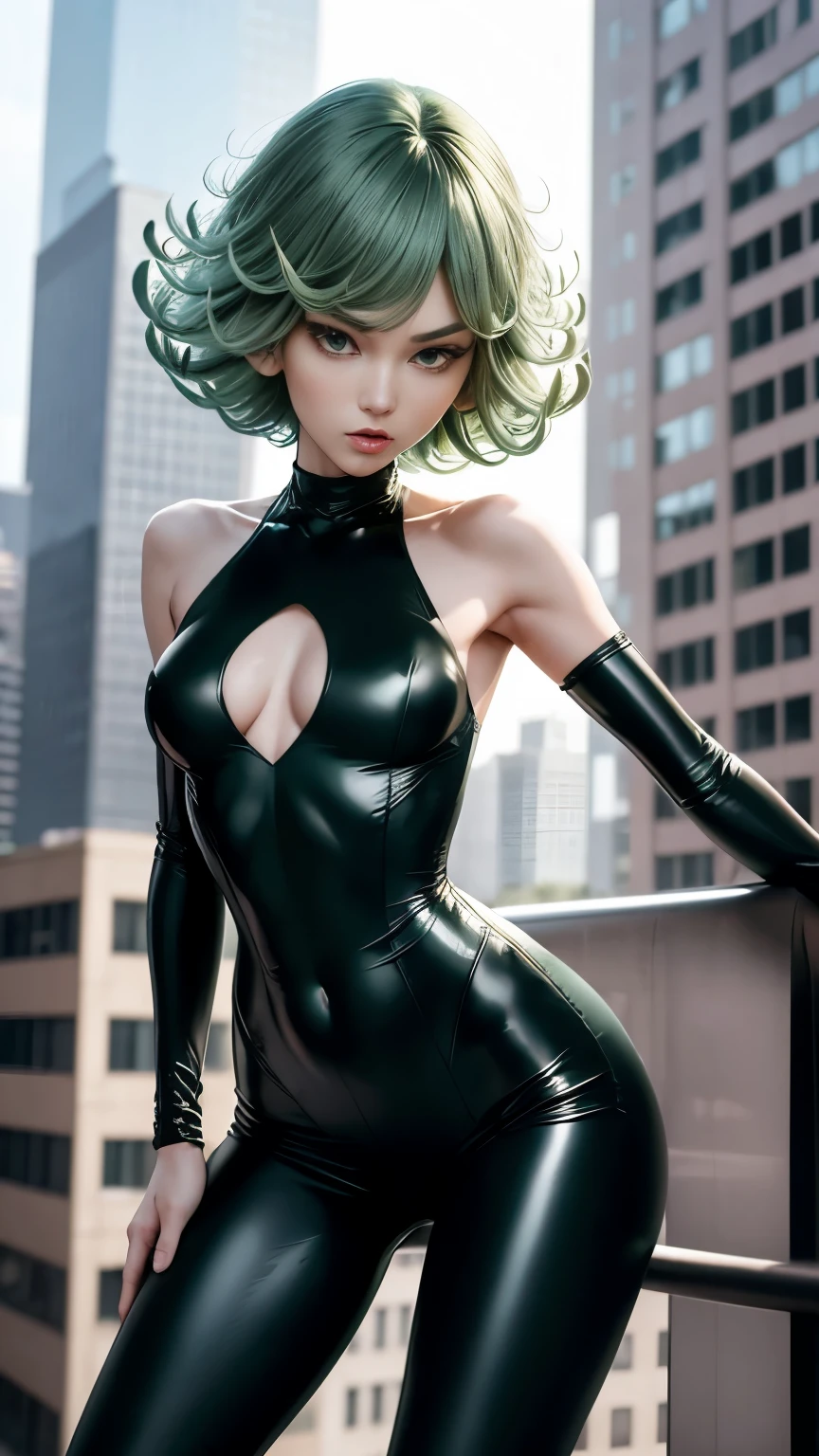 Tatsumaki, green hair. Skinny Skinny Goddess. anorexia. Thin very very thin bony legs, unrealistically long legs, black tights with heels, stands on top of a skyscraper building, Highest quality, hyper detailed face, hyper detailed hair