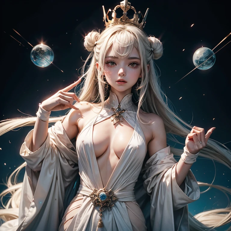  ((imagem perfeita)), ((rosto perfeito)), ((ultra detalhado)), ((corpo inteiro)), ((corpo perfeito)), Kuusetsu took on the physical traits of a Humanoid Shuuki, their traits, in particular, including a number of small horns around her head resembling a crown. She wears a white kimono that has long sleeves and gloves wrapped around her two middle fingers.[2] She also has a series of dots below each eye