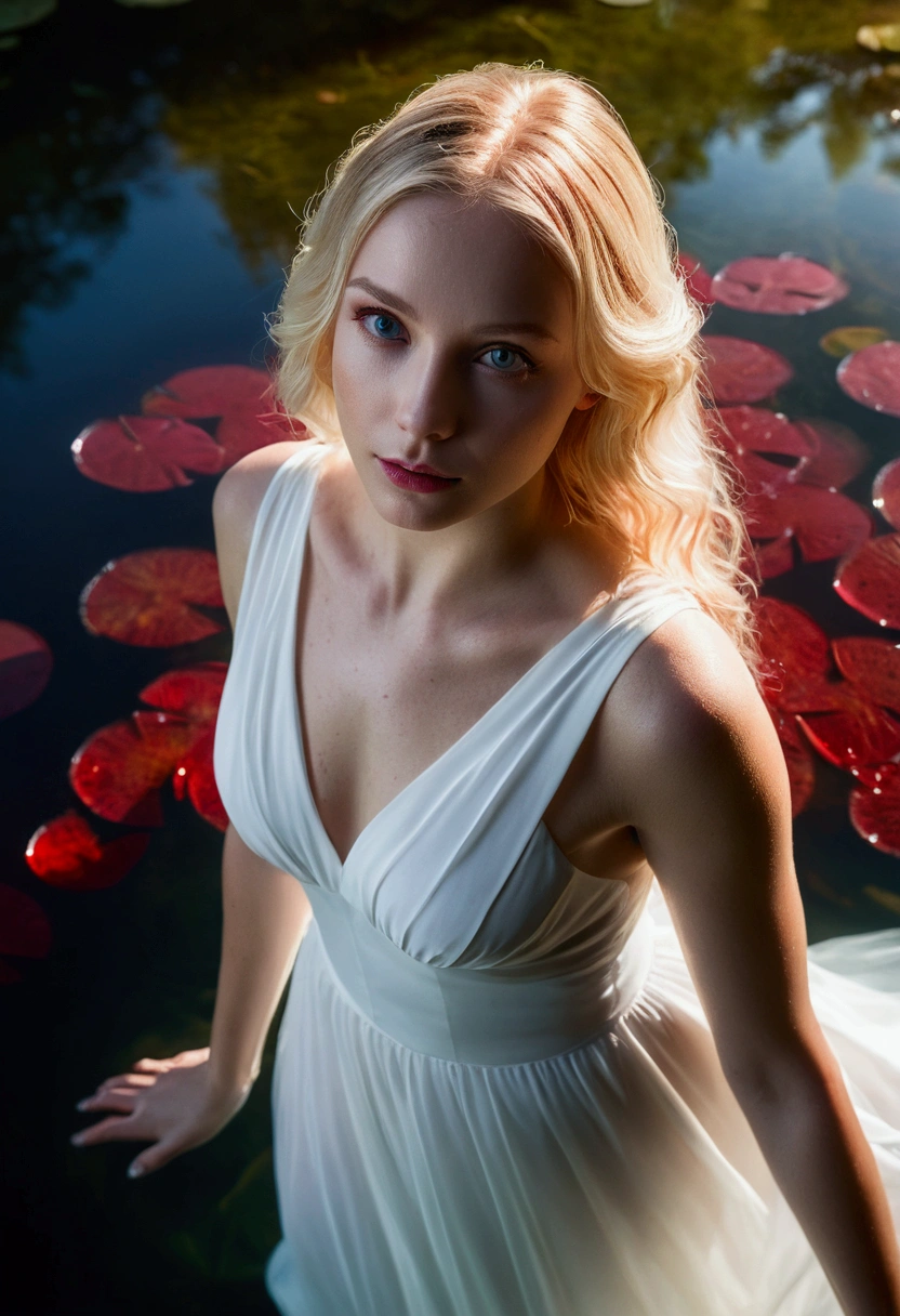 a lovely woman (Kate Mara, sheer airy gown) in a pond with lily pads in the water, in a pond, standing in a pond, floating in a powerful zen state, nymph in the water, sitting in a reflective pool, floathing underwater in a lake, sitting at a pond, in water up to her shoulders, the hair floats on the water, in a lake, in the water