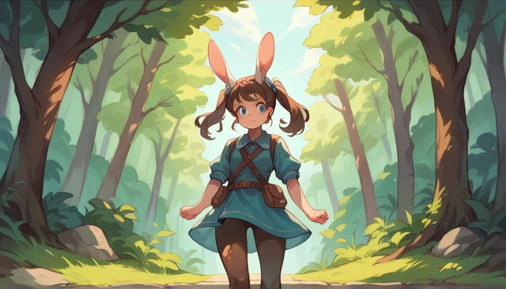 Rabbit in the body of a woman with brown hair, blue eyes, twintails, standing in the middle of a forest There are costume designs from the Middle Ages.