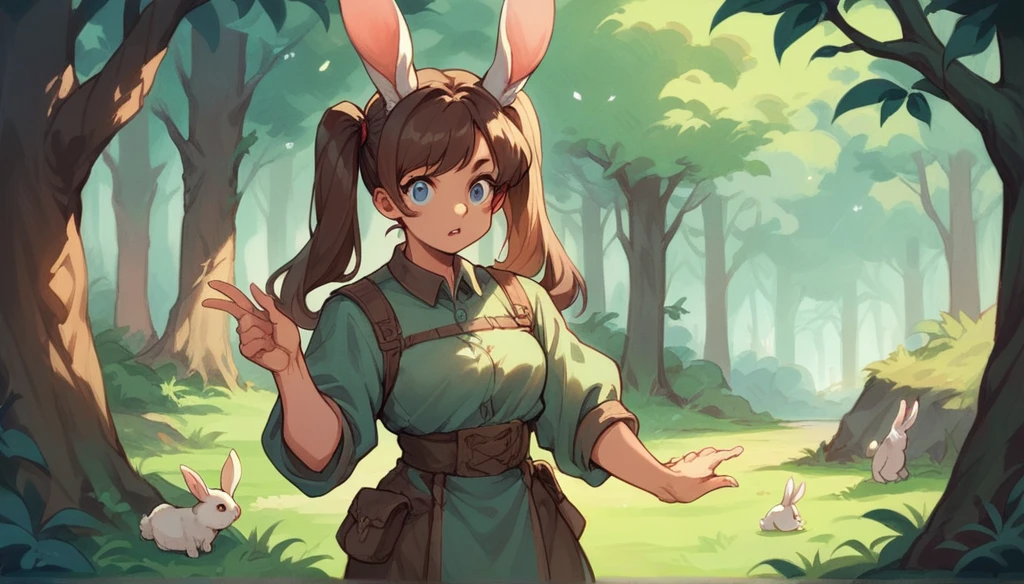 Rabbit in the body of a woman with brown hair, blue eyes, twintails, standing in the middle of a forest There are costume designs from the Middle Ages.