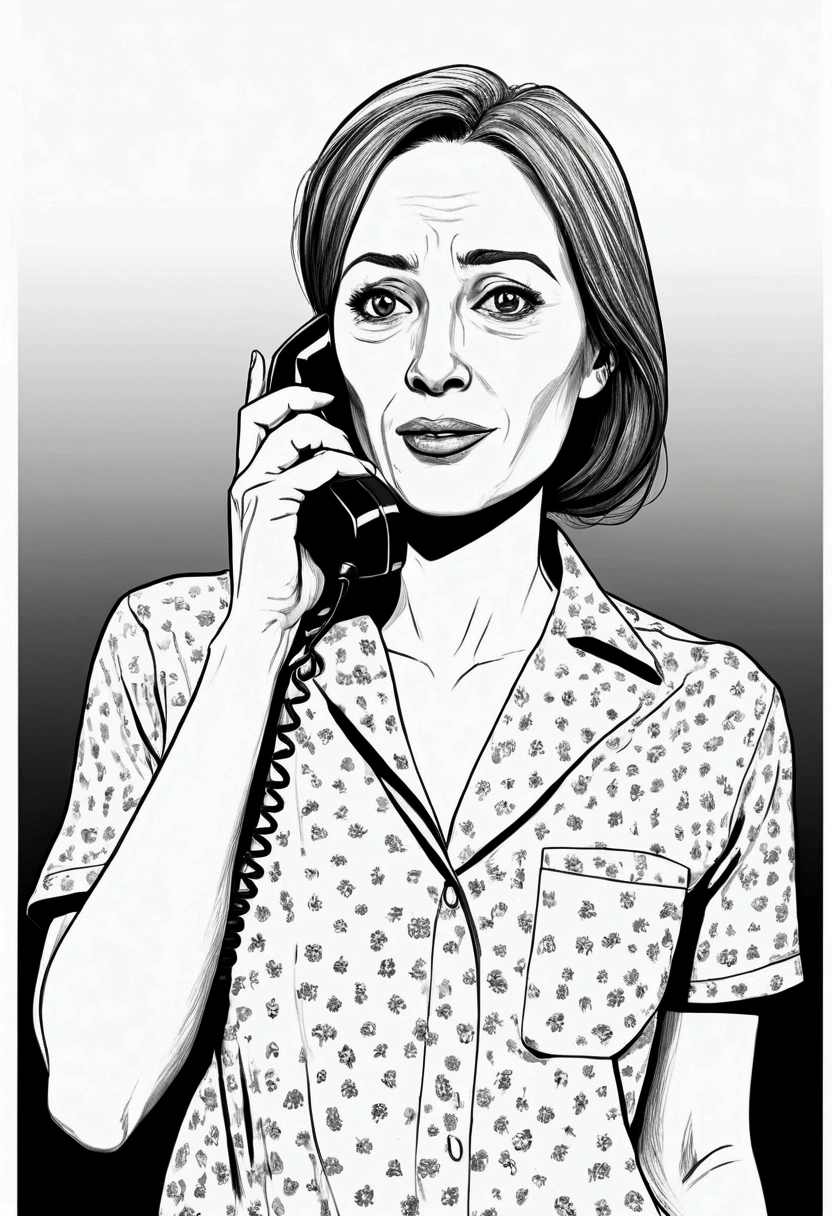 Woman approximately 36 years old with white skin, indignant, she finds herself talking on the phone, since they have just been robbed recently. drawing style: cheered up
