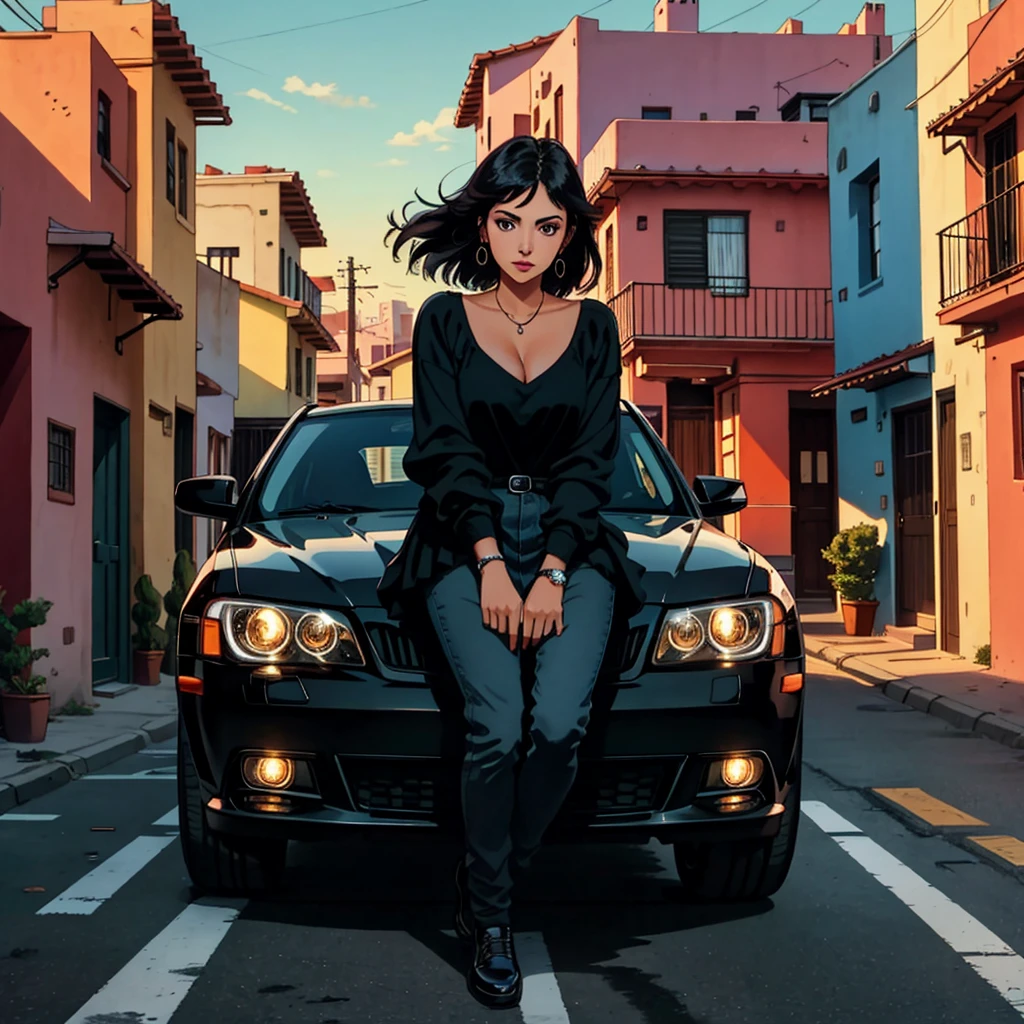 A beautiful young Mexican woman would be driving the black car alone in the late afternoon on a deserted street with no cars or buildings or houses 