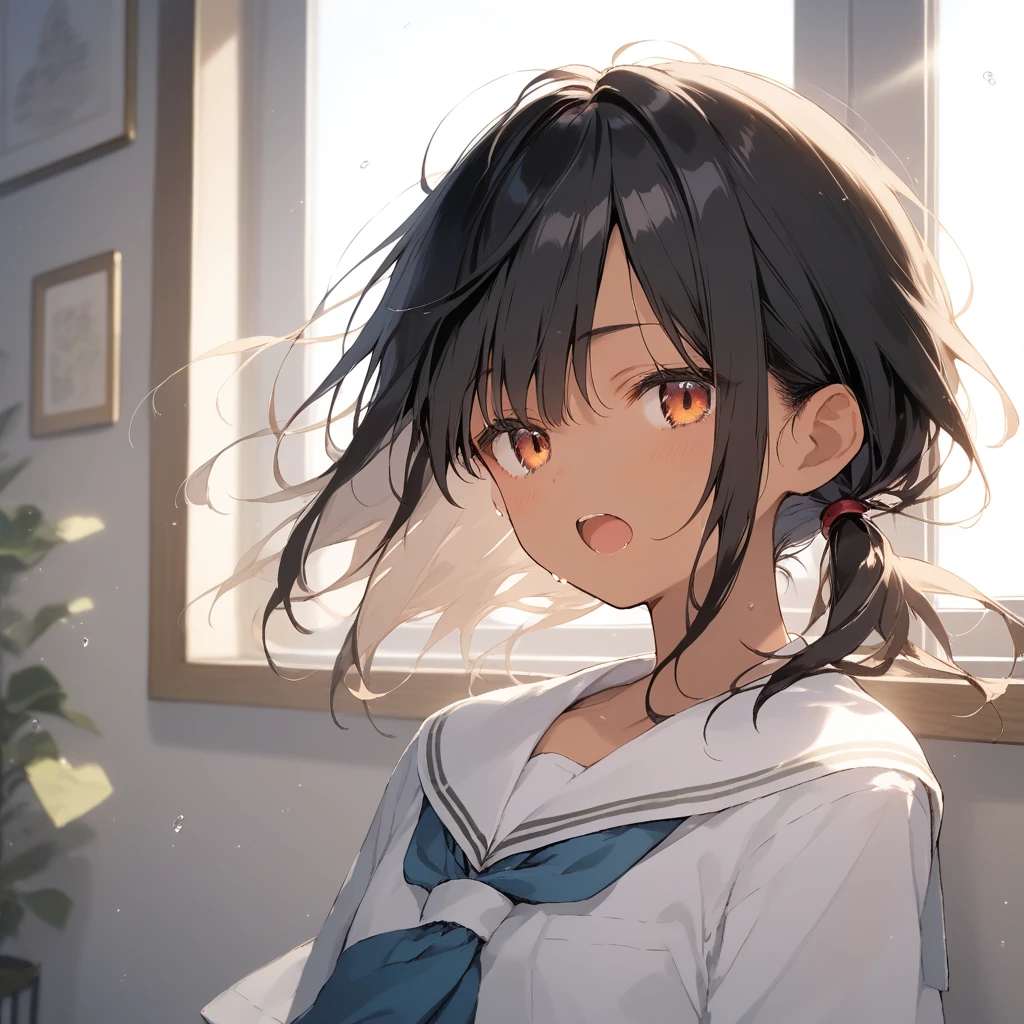 score_9, score_8_up, score_7_up, source_anime, best quality, masterpiece, official art, absurdres, highres, ultra-detailed,waifu2x,Collection: Slice of Life,break,1girl, tomboy, dark-skinned female, short hair, low ponytail, flat chest, school_uniform, beautiful detailed eyes, sweat, open mouth, (yawn:0.3), sleepily, indoors, wind,break,(clear line illustration:1.2), super detailed skin,very high resolution, very aesthetic, Best sexual lighting powered by famous artist, 8k,cute picture,beauty illustration,photoshop_(medium),,(Detailed Lighting),best anime 8k konachan wallpaper, pixiv contest winner,
