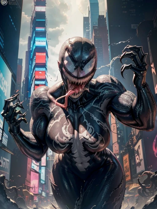 in New York City, (New York: 1.5), (time square: 1.4), Venom female character 25 years old, Black Body: When the symbiote fuses with a host, it usually covers the host's body entirely, creating a black and super shiny appearance.
White Eyes: Venom has large, white eyes, often with thin, sharp pupils. These white eyes are a distinguishing feature of the character.
Large, Sharp Jaws: Venom has a mouth full of large, sharp jaws, allowing him to bite and attack his enemies with ferocity.
Long Tongue: Venom has an extremely long and prehensile tongue, which he uses to capture prey or attack enemies from a distance, Venom it's bald, Venom has a Big muscles like abs and biceps, Venom has nipples and big breasts, 
Authentic background, (photorealistic: 1.4), (realism: 1.5), (Realisitc: 1.5), (Absurdity: 1.4), 8k, ultra-detailed, detailed, (Viewer facing: 1.2), (bright sunny day: 1.5) , Intricate body details, (One:1.4 only), (Viewer facing:1.3), HD4