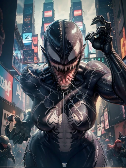in New York City, (New York: 1.5), (time square: 1.4), Venom female character 25 years old, Black Body: When the symbiote fuses with a host, it usually covers the host's body entirely, creating a black and super shiny appearance.
White Eyes: Venom has large, white eyes, often with thin, sharp pupils. These white eyes are a distinguishing feature of the character.
Large, Sharp Jaws: Venom has a mouth full of large, sharp jaws, allowing him to bite and attack his enemies with ferocity.
Long Tongue: Venom has an extremely long and prehensile tongue, which he uses to capture prey or attack enemies from a distance, Venom it's bald, Venom has a Big muscles like abs and biceps, Venom has nipples and big breasts,
Authentic background, (photorealistic: 1.4), (realism: 1.5), (Realisitc: 1.5), (Absurdity: 1.4), 8k, ultra-detailed, detailed, (Viewer facing: 1.2), (bright sunny day: 1.5) , Intricate body details, (One:1.4 only), (Viewer facing:1.3), HD4