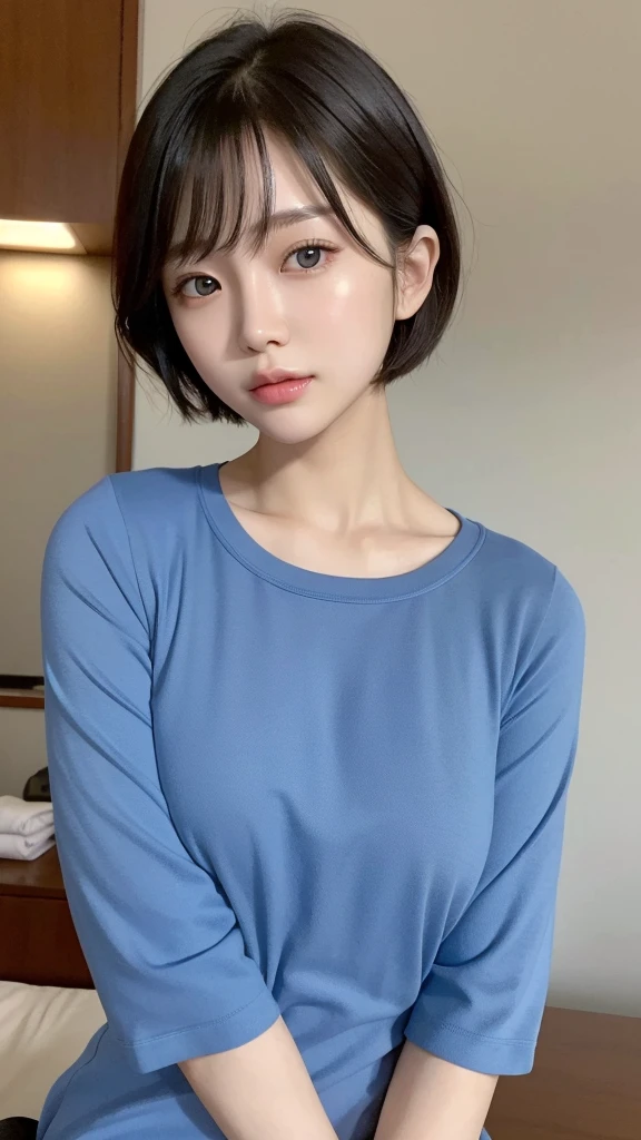 
best quality, face focus, soft light, ultra high RAW photo, 1 korean girl, solo,detailed beautiful face, (big chest),(high resolution detail of human skin texture), (short hair), indoor, blue shirt pant Dress, (portrait)big eyes,small lip,slim body, 