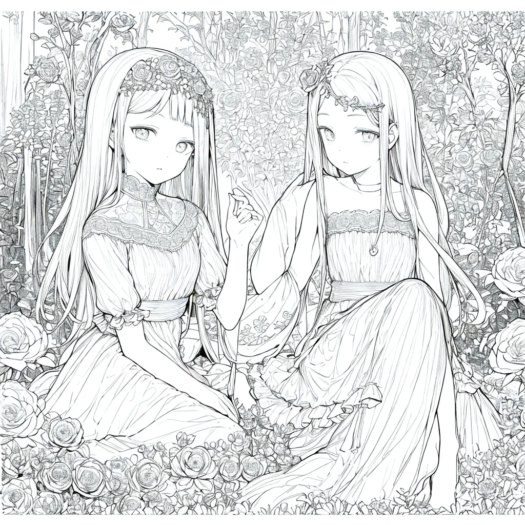 high detail coloring book page, thin black lines, white background, 1 bit line art coloring book, only draw outlines, sharp thick outlines, use full screen, outline art, illustration of, pretty fairy, sitting on a mushroom, surrounded by flowers and fireflies, butterflies, leaves, in the forest, with many details typical of the forest
