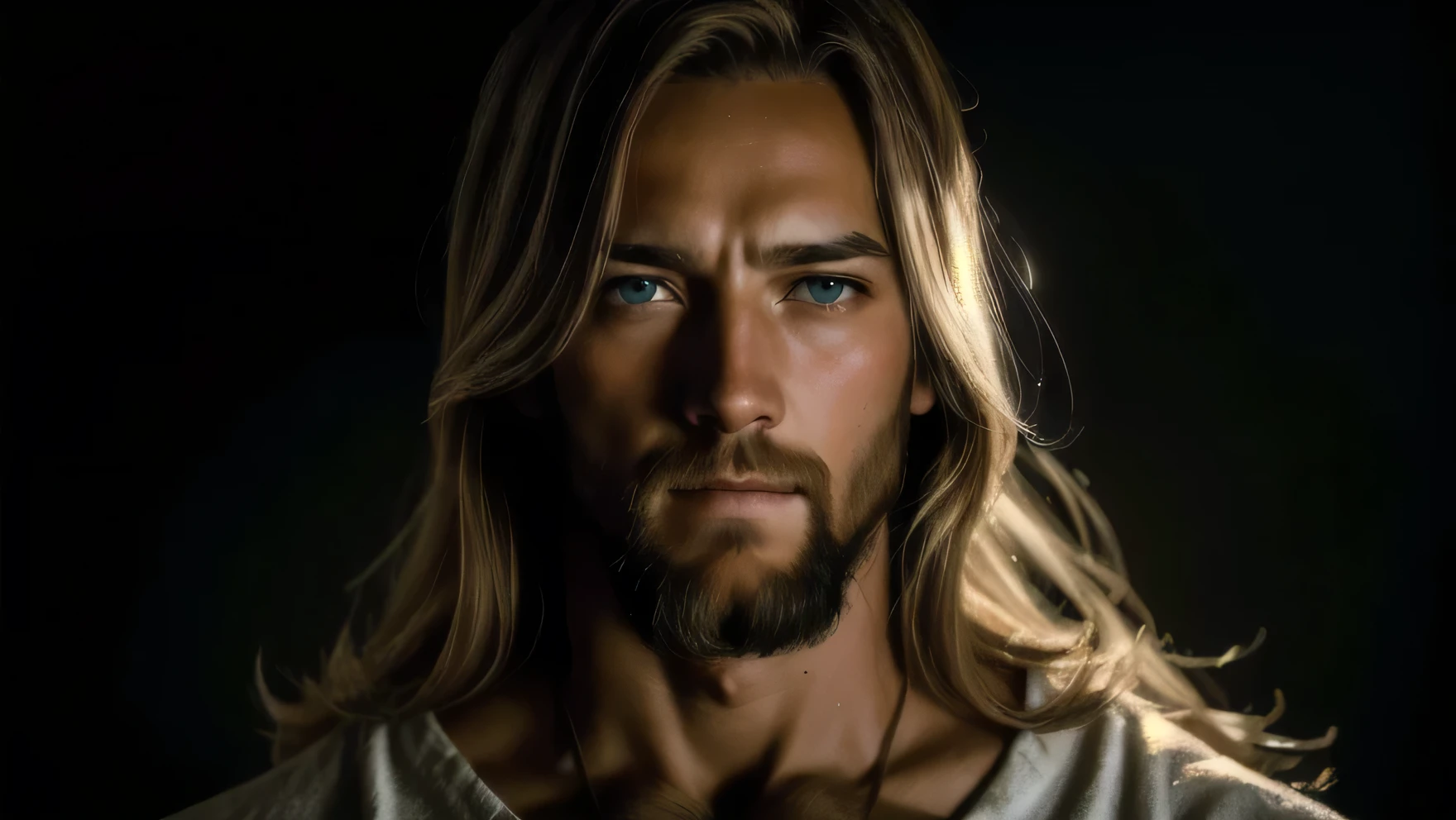 a blond-haired man with a jesus-like appearance, long hair, beard, holy aura, serene expression, religious figure, dramatic lighting, heavenly glow, oil painting, ultra-detailed, (best quality,4k,8k,highres,masterpiece:1.2),ultra-detailed,(realistic,photorealistic,photo-realistic:1.37),dramatic lighting,cinematic,digital painting,warm colors,chiaroscuro