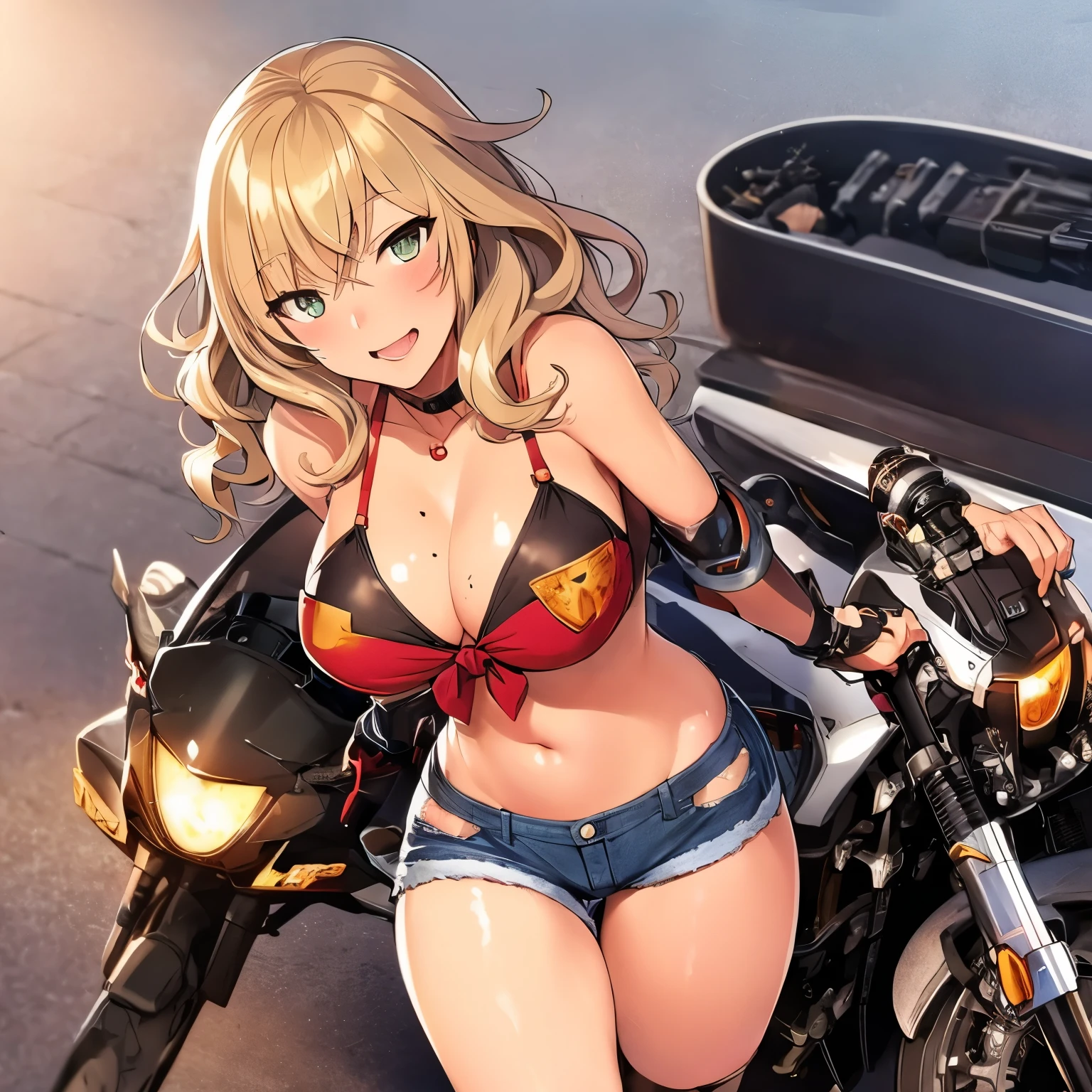 Cartoon of a woman riding a motorcycle with a large tank on the back, Mechanized Valkyrie Girl, bikini + Tattered military equipment, Mechanized Soldier Girl, Kashert Kenz, Inspired by Shiro Masamune, Anime Art Vehicle Concept Art, By Akihiko Yoshida, top rated on Pixiv, trending on Pixiv, Pixiv,Cartoon of a woman riding a motorcycle with a large tank on the back, Concept art inspired by Masamune Shirow, Topics on pixiv, Self-sastructing art, Mechanized Valkyrie Girl, bikini + Tattered military equipment,(Denim hot pants:1.3), Mechanized Soldier Girl, Kashert Kenz, Anime Art Vehicle Concept Art, Top rated on pixiv, Dieselpunk Art Style,(Shiny amber hair:1.6), (Wavy medium hair:1.6), (Brown beautiful girl), (Healthy dark skin), (Sunburn mark), clavicle