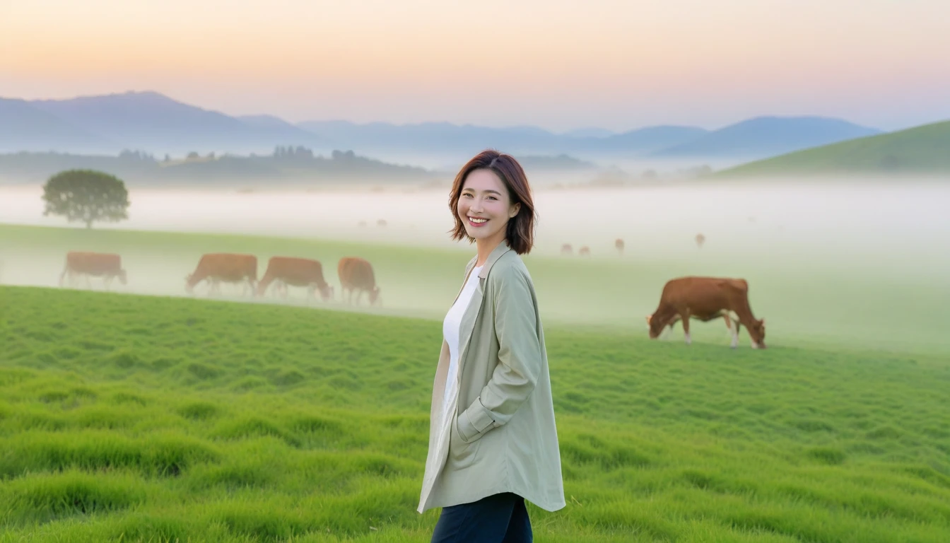 beautiful scenery, 8K Top Quality, Vivid picture quality, 1 woman, Beautiful 36-year-old Korean woman, Chest size 34 inches, Model-level beautiful woman, Smile. Napa Valley, California, USA, dawn, Endless green grassland in the distant fog, Cows graze on a pasture in thick fog. The background is realistic and vivid quality.., short medium bob hair, White t-shirt that goes up to the neck , light trench coat, casual pants, Perfect and realistic photos, The background is realistic.. Full body shot with Canon camera 16-35 wide angle lens