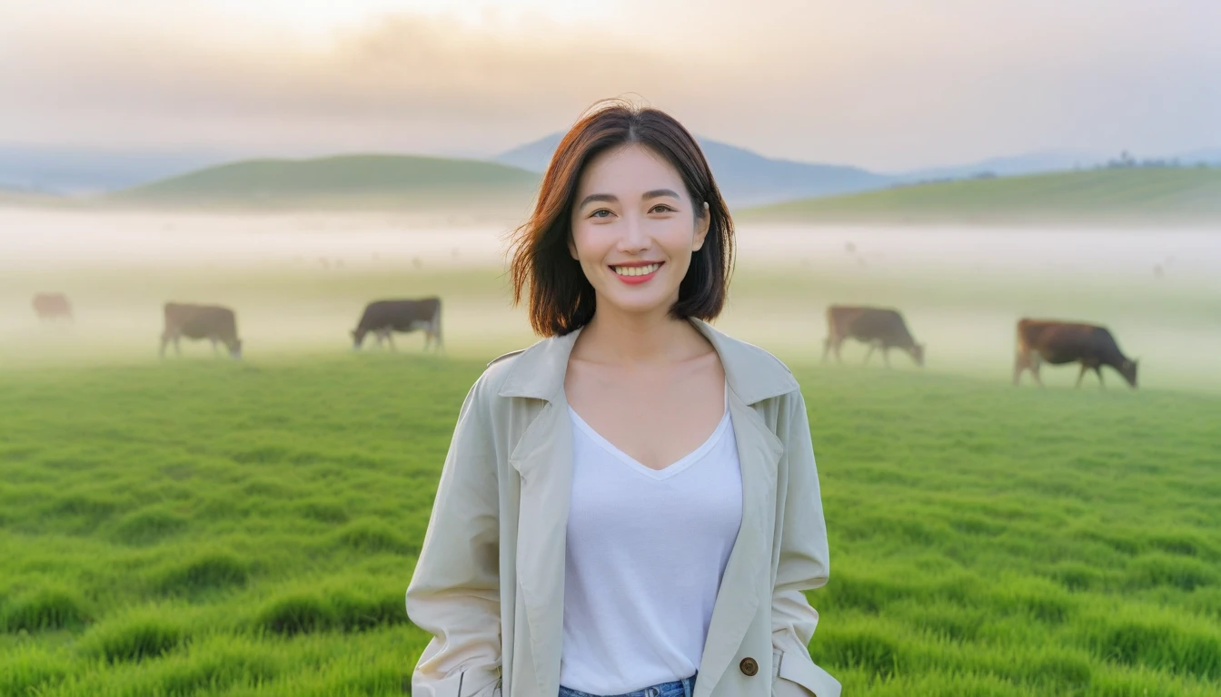 beautiful scenery, 8K Top Quality, Vivid picture quality, 1 woman, Beautiful 36-year-old Korean woman, Chest size 34 inches, Model-level beautiful woman, Smile. Napa Valley, California, USA, dawn, Endless green grassland in the distant fog, Cows graze on a pasture in thick fog. The background is realistic and vivid quality.., short medium bob hair, White t-shirt that goes up to the neck , light trench coat, casual pants, Perfect and realistic photos, The background is realistic.. Full body shot with Canon camera 16-35 wide angle lens