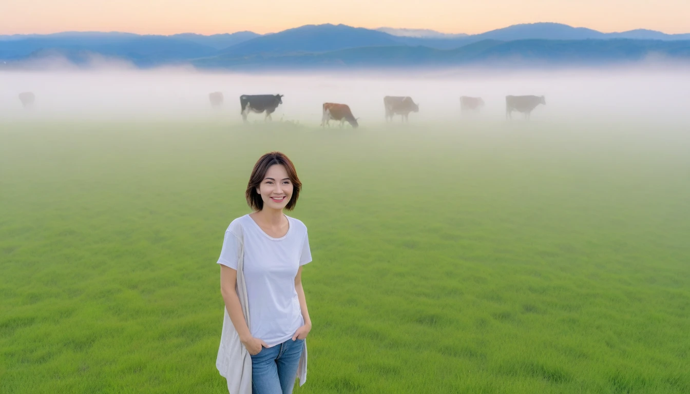 beautiful scenery, 8K Top Quality, Vivid picture quality, 1 woman, Beautiful 36-year-old Korean woman, Chest size 34 inches, Model-level beautiful woman, Smile. Napa Valley, California, USA, dawn, Endless green grassland in the distant fog, Cows graze on a pasture in thick fog. The background is realistic and vivid quality.., short medium bob hair, White t-shirt that goes up to the neck , light trench coat, casual pants, Perfect and realistic photos, The background is realistic.. Full body shot with Canon camera 16-35 wide angle lens