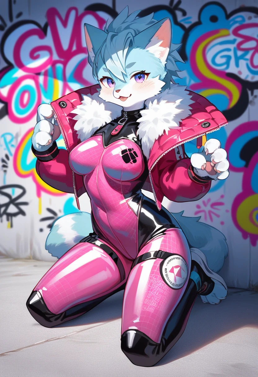 animation, Highest quality, Highest quality, High quality illustrations, masterpiece, Ultra-high resolution, Detailed Background, cyber cafe, Graffiti art on the wall, Absurd, Perfect Anatomy, performance, Good lighting, Shadows in the movies(kemono, Furry PersonifiCation), Cat, Blueskin, pink rubber suit, White Pattern, latex, neon, neonライト, neonカラー, Bodysuits, Cyber Suit, White Leather Half Jacket, cyber punk