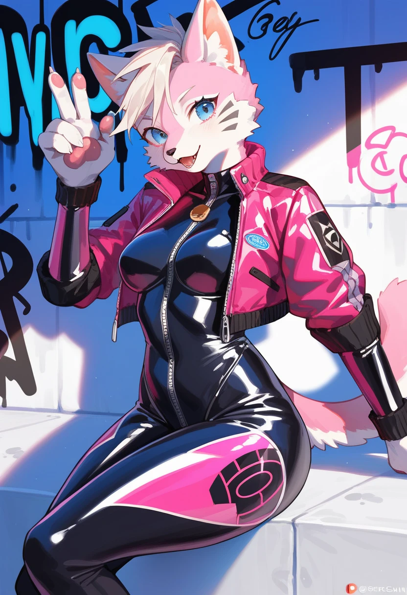 animation, Highest quality, Highest quality, High quality illustrations, masterpiece, Ultra-high resolution, Detailed Background, cyber cafe, Graffiti art on the wall, Absurd, Perfect Anatomy, performance, Good lighting, Shadows in the movies(kemono, Furry PersonifiCation), Cat, Blueskin, pink rubber suit, White Pattern, latex, neon, neonライト, neonカラー, Bodysuits, Cyber Suit, White Leather Half Jacket, cyber punk