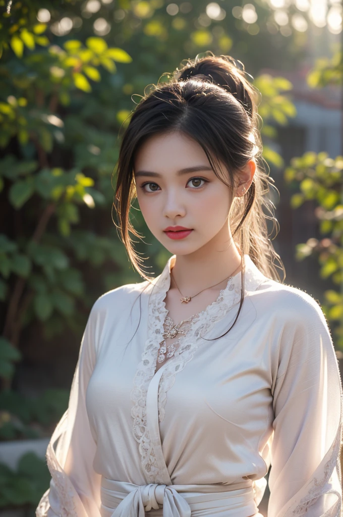 1 beautiful girl in Hanfu costume, ((white thin purple silk shirt with a lot of texture)), white lace top, long purple platinum ponytail Hair, Jewelry, ear jewelry, necklaces and necklaces, carefully drawn big purple eyes, makeup careful, thin eyebrows, high nose, beautiful red lips, no smile, pursed lips, rosy cheeks, wide breasts, big breasts, proportional breasts, slim waist, purple fishnet socks, chinese hanfu style, fictional art texture, colorful bright and realistic, RAW Photo, Realistic Photo, ultra high quality 8k surreal photo, (effective fantasy light effect: 1.8), 10x pixels, magical effect (Background): 1.8), ultradetailed eyes, full body portrait of girl , Chinese royal garden background, dynamic pose