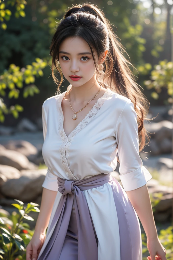 1 beautiful girl in Hanfu costume, ((white thin purple silk shirt with a lot of texture)), white lace top, long purple platinum ponytail Hair, Jewelry, ear jewelry, necklaces and necklaces, carefully drawn big purple eyes, makeup careful, thin eyebrows, high nose, beautiful red lips, no smile, pursed lips, rosy cheeks, wide breasts, big breasts, proportional breasts, slim waist, purple fishnet socks, chinese hanfu style, fictional art texture, colorful bright and realistic, RAW Photo, Realistic Photo, ultra high quality 8k surreal photo, (effective fantasy light effect: 1.8), 10x pixels, magical effect (Background): 1.8), ultradetailed eyes, full body portrait of girl , Chinese royal garden background, dynamic pose