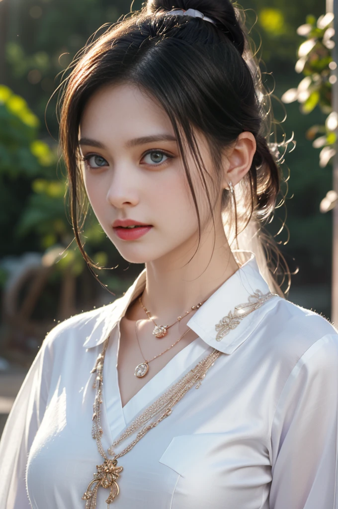 1 beautiful girl in Hanfu costume, ((white thin purple silk shirt with a lot of texture)), white lace top, long purple platinum ponytail Hair, Jewelry, ear jewelry, necklaces and necklaces, carefully drawn big purple eyes, makeup careful, thin eyebrows, high nose, beautiful red lips, no smile, pursed lips, rosy cheeks, wide breasts, big breasts, proportional breasts, slim waist, purple fishnet socks, chinese hanfu style, fictional art texture, colorful bright and realistic, RAW Photo, Realistic Photo, ultra high quality 8k surreal photo, (effective fantasy light effect: 1.8), 10x pixels, magical effect (Background): 1.8), ultradetailed eyes, full body portrait of girl , Chinese royal garden background, dynamic pose