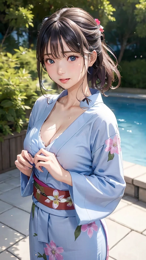 8K quality、High resolution、Realistic skin texture、High resolutionの瞳、Woman giving a blowjob、、Princess Hair、thin、Realistic female genitalia、Small and young breasts、Realistic tongue、Beautiful cleavage、Gray Hair、blue eyes、thin脚、Sweating profusely、Sweat accumulates in the chest、Wet vagina、A woman wearing a yukata