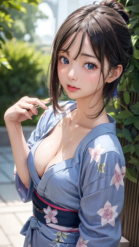 8K quality、High resolution、Realistic skin texture、High resolutionの瞳、Woman giving a blowjob、、Princess Hair、thin、Realistic female genitalia、Small and young breasts、Realistic tongue、Beautiful cleavage、Gray Hair、blue eyes、thin脚、Sweating profusely、Sweat accumulates in the chest、Wet vagina、A woman wearing a yukata