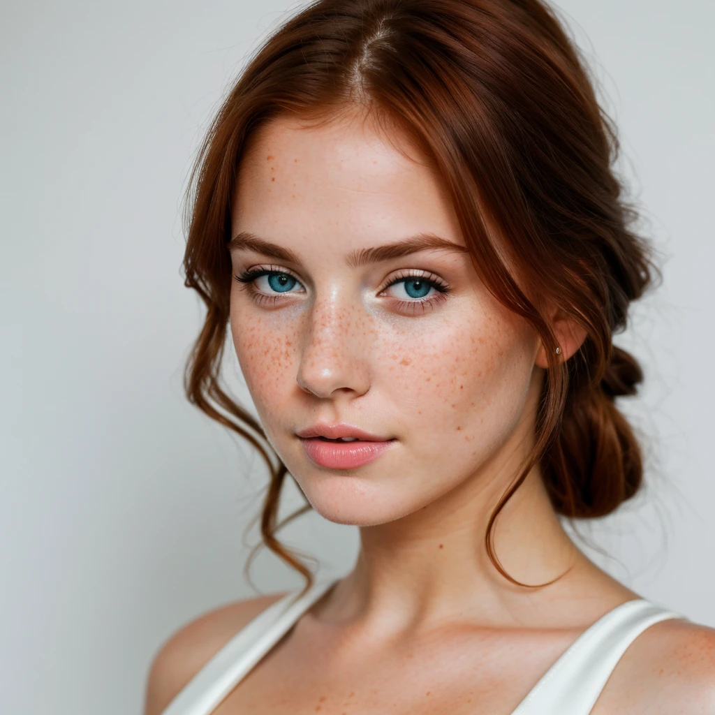 young girl, red-haired woman, blue eyes with light freckles on her cheeks, big tits, she is dressed in a sexy, elegant black dress, photo taken on a white background. Ultra-high resolution, (photorealistic: 1.4), high resolution, (brown eyes), (finely detailed skin), (perfectly proportioned) (photo realistic) (masterpiece) (photorealistic), ultrarealistic (Best Quality) (Detailed) photographed in a Canon EOS R5, 50mm Lens, F/2.8, (8K) (Wallpaper) (Natural lighting) (Convoluted) Fashion