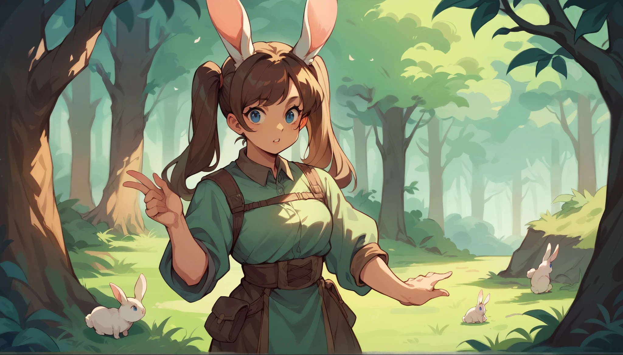 Rabbit in the body of a woman with brown hair, blue eyes, twintails, standing in the middle of a forest There are costume designs from the Middle Ages.