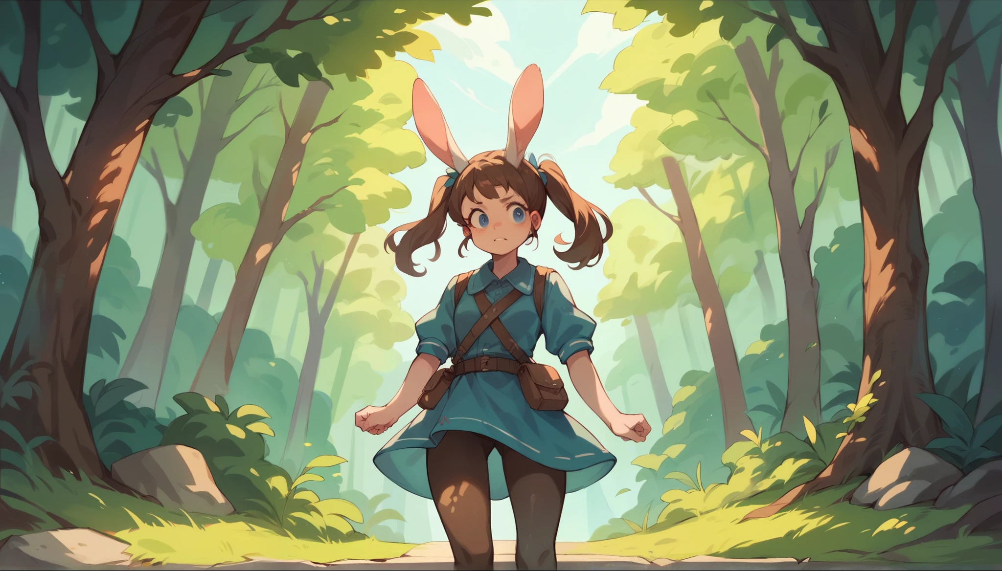 Rabbit in the body of a woman with brown hair, blue eyes, twintails, standing in the middle of a forest There are costume designs from the Middle Ages.