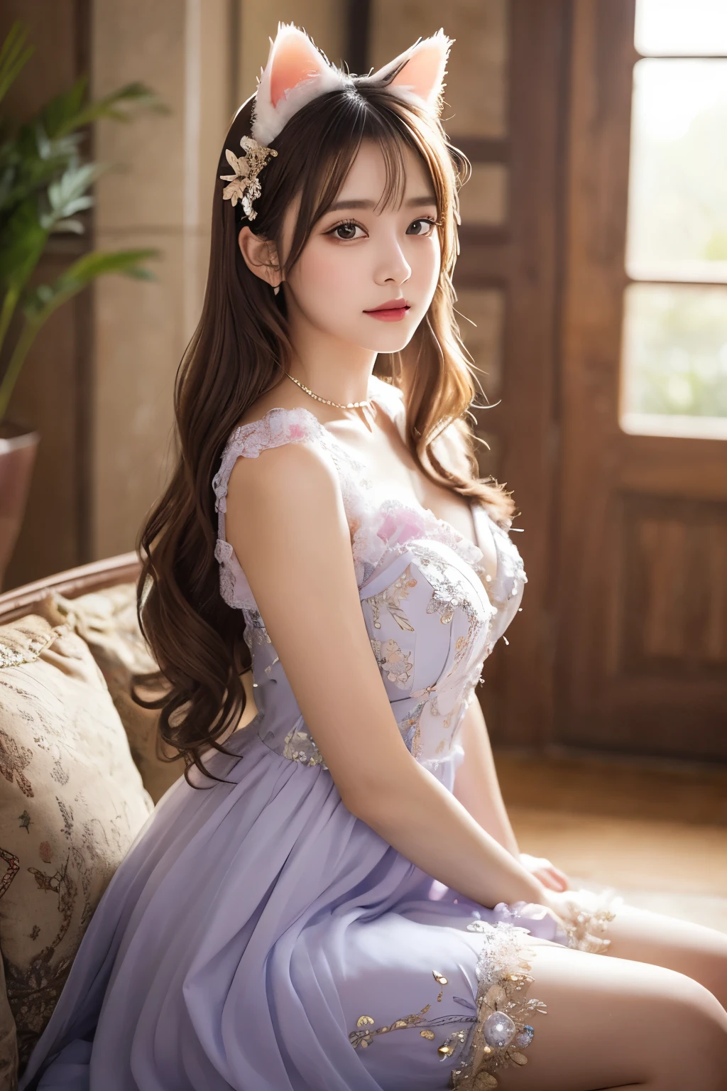 A young woman with long, wavy pastel-colored hair sits gracefully, dressed in an elaborate, fantasy-themed gown. The gown features a mix of soft pastel colors, including pink, blue, and lavender, adorned with sparkling embellishments and a large bow at the bust. She has a pair of large, fluffy cat ears on her head, matching her soft, fluffy tail. Her eyes are large and expressive, with a gentle and inviting expression. The scene is softly lit with a magical, dreamy ambiance, highlighting her smooth skin and the intricate details of her outfit. She wears delicate jewelry, including a butterfly hair clip, adding to the whimsical nature of her appearance. The background is soft and blurred, enhancing the ethereal feel of the image.