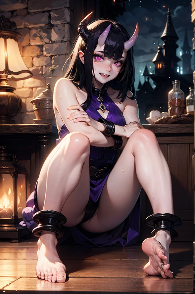 1girl, (grey skin, purple skin:1.4), dark skin, (oni, oni horns), sitting, relaxed, demon girl, (long black hair, cute hairstyle, messy hair), lots of hair, (large eyes, glowing eyes, purple eyes), (slit pupils), lithe, thin, sinuous, (toned body, strong, fit), sweaty, sweat, wild, lewd, sadistic expression, evil grin, cruel, small hands, small feet, iron collar, iron shackles, aroused, feral, full body, dynamic, (inhuman, femdom), bangles, exotic, fantasy species, sorceress dress, sexy one-piece, silk, (fangs), (medieval fantasy, cozy home, comfortable room, indoors, late night, night:1.4, warm atmosphere, luxurious hearth, deep shadows, rich wood, adventurer's home), (best quality:1.2, sharp clarity, great skin detail, photorealistic, detailed features, magical realism), analog style, raw photograph, feet, toes, barefoot, from below, FanInt, 0n1, herzhax, short eyebrows, pickle eyebrows, cut3h0rnstyl3, fantasy, tree, Medieval fantasy world, Moonlight at night, Night scene