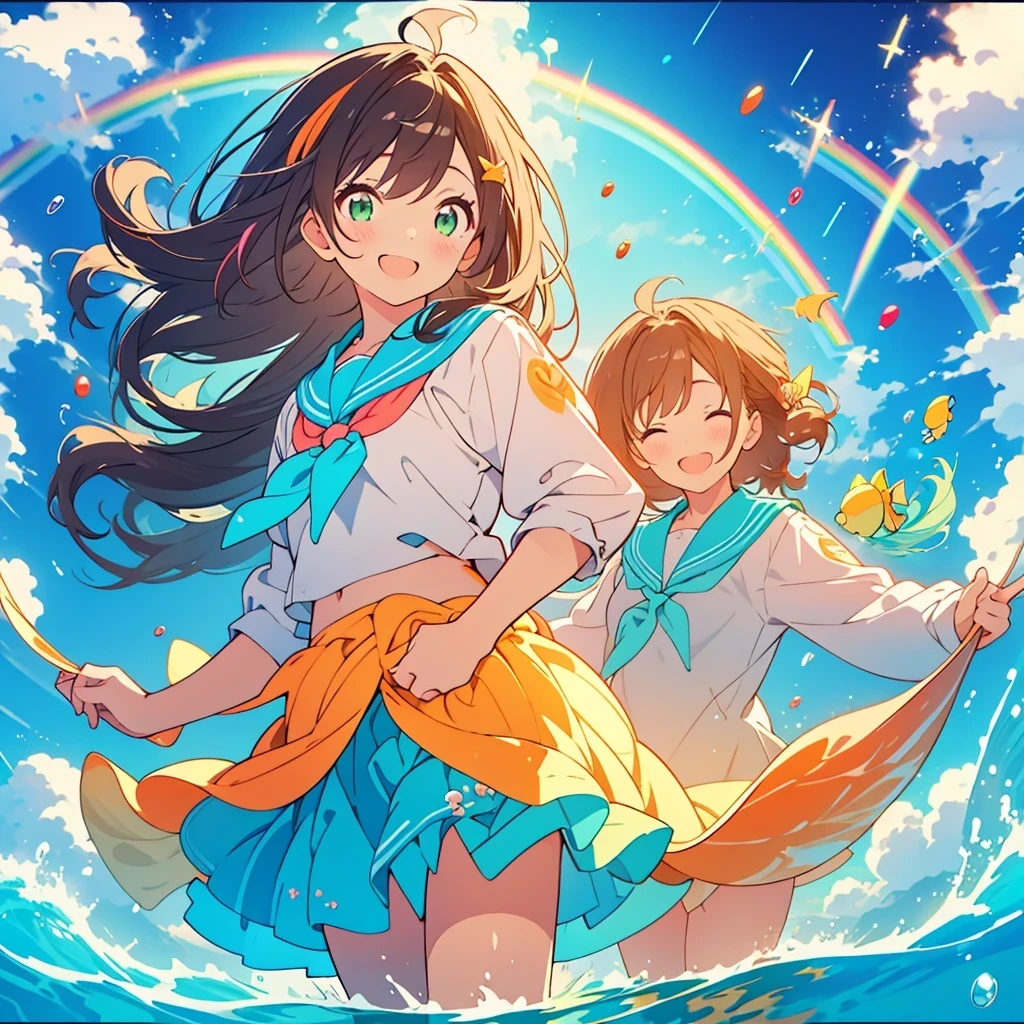 kawaii, anime, Cute, hyper quality, highly detailed, 8k, Front facing, Clarity, brown long hair, green eyes, smile, sailor suit, the skirt flaps, In the water, Pose with movement, countless bubbles, wrapped in bubbles, light shines in, underwater, rainbow light effect, Fantastic, particles of light, 10 colorful small tropical fish, twist your body, shining in rainbow colors, vivid sea, sea swell, In the bright sea, Uplifting, school of small fish, Bubbles of various sizes, Colorful light, Clearly depict facial expressions, sink into the sea, The background is a view of the deep sea, no background, rainbow colored coral reef, richly colored light, The bottom of the sea,