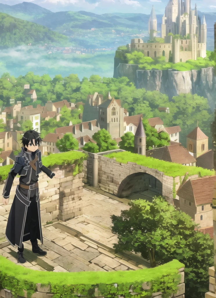 "Create a highly realistic medieval fantasy town inspired by Sword Art Online. The central character should be Kirito, depicted with lifelike detail, wearing his iconic black outfit and wielding his signature sword. The town is bustling with people dressed in authentic medieval clothing, and market stalls are filled with various goods. Majestic buildings with gothic spires and glowing crystals dominate the skyline. The scene should be vibrant and dynamic, with sunlight casting a warm glow over the entire setting. The background features towering castles and lush green hills, enhancing the overall realism and depth of the image."