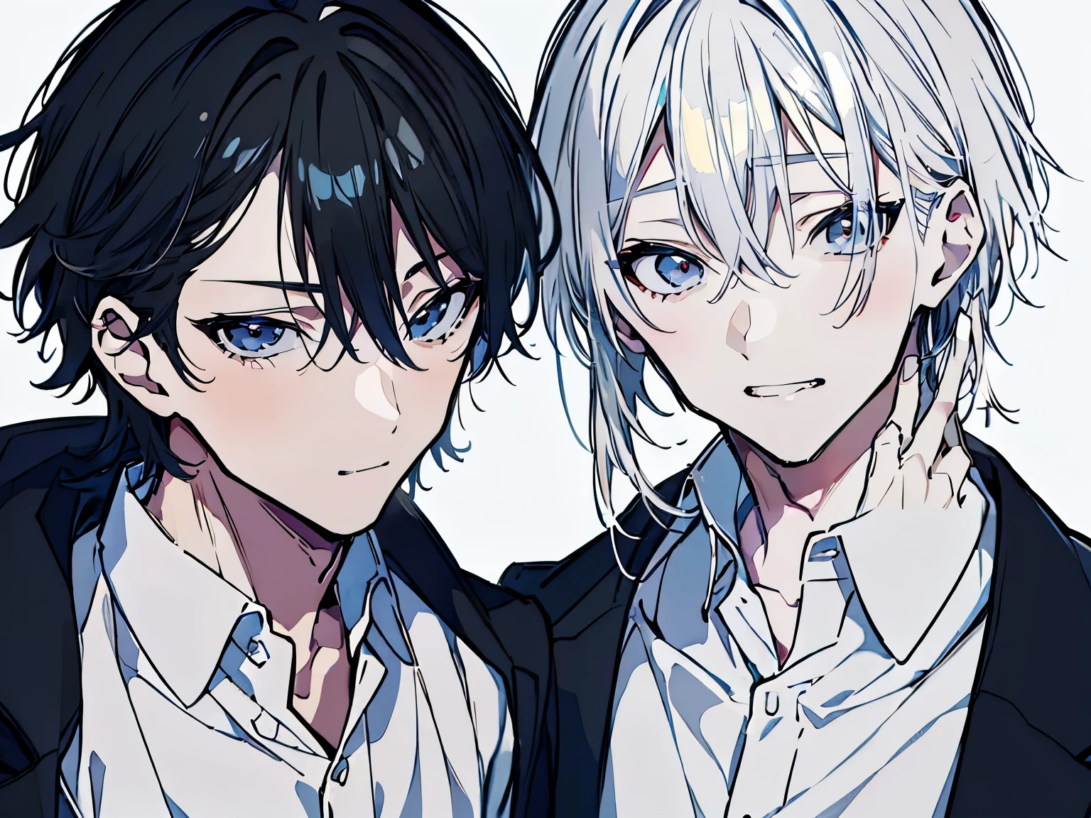 (Mastepiece), (Best Quality), Very detailed, ((Two friendly men)), Perfect Face, Beautiful Face, Very detailed顔，(One black-haired man:1.3)，(One white-haired man:1.3)，shirt、smile