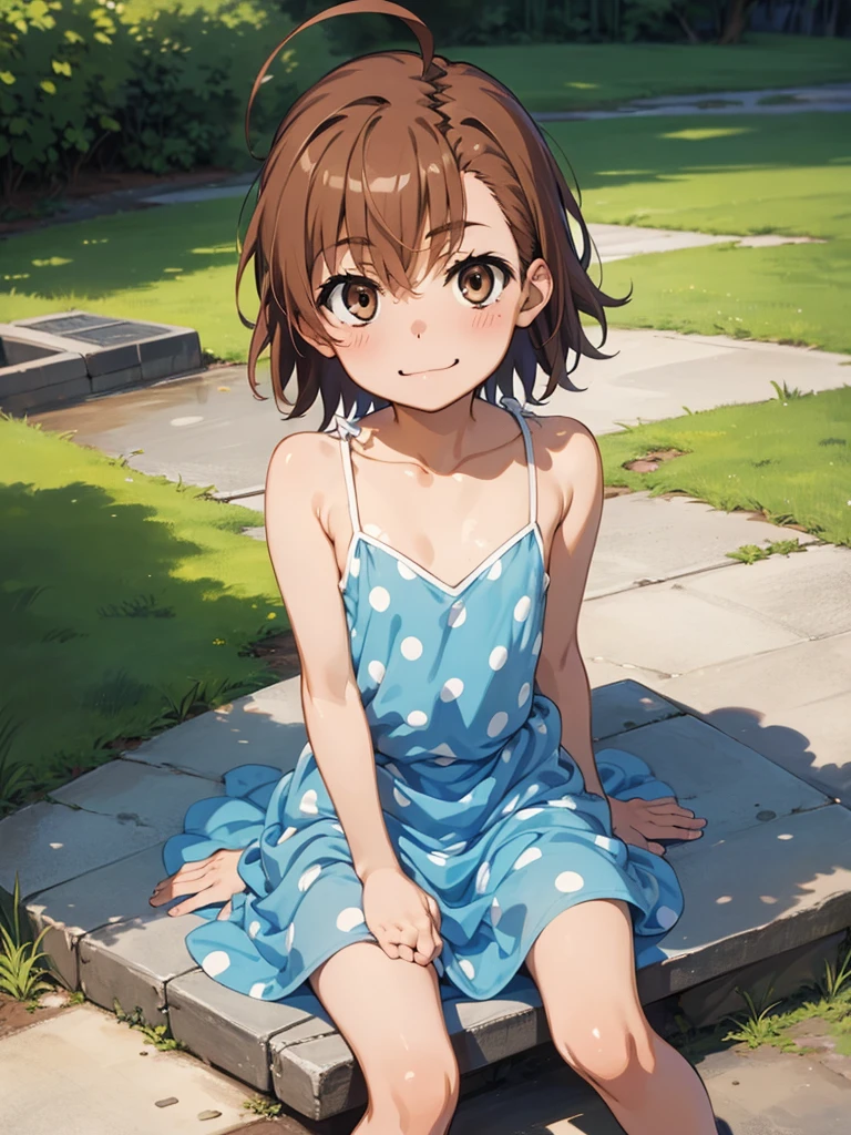 masterpiece, best quality, aalo, solo, short hair, ahoge, collarbone, (petite),
 sad smile, sitting, polka dot dress, (blue dress lift), flat chest, nipple slip, nipples, outdoor,