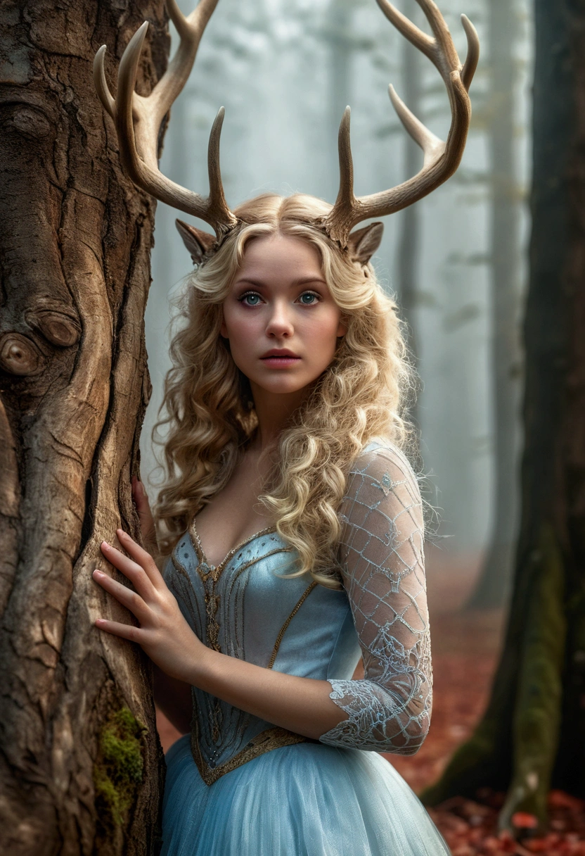 a girl with intricate details, blonde, wavy hair, looking at the observer, elfo, tree trunk, forst, volantes, mist, deer antlers, (best qualityer, 4K, 8K, high resolution, Masterpiece artwork: 1.2), ultra detali, (realisitic, fotorrealisitic, fotorrealisitic: 1.37), portraite, fancy, bright coloured, dramatic lighting