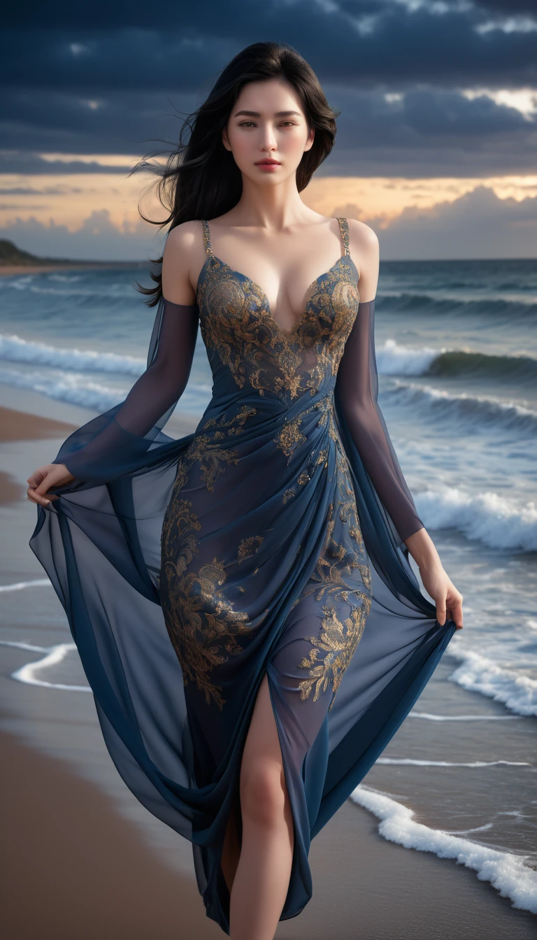 ((Masterpieces with up to 16K resolution:1.6)),Highest quality,it is really amazing,Very detailed,Ultra-high resolution,((Real:1.5)),((Realistic:1.5)),Increased depth of field,((Cinematic Light Effects:1.5)),
Elegant mature woman,((Focus on a woman's face:1.5)),
Long black hair,((Ultra-detailed and beautiful faces:1.5)),Translucent white skin,Very detailedな肌の質感,Great proportions,Anatomically correct body,
elegant beach dress,Artistic design,Beautiful and detailed pattern,Luxurious jewellery decoration,Detailed fabric texture,
Coastal landscape at dusk,Dark clouds and dark sky,delay々Continuing sandy beach, Deserted Beach,Dark sea surface,
(((Close-up shot of face:1.8))),