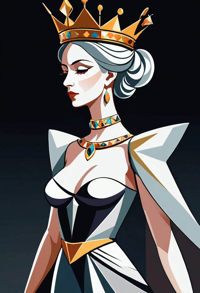 Picasso Cubism, Queen,  crown, elegant dress，simple geometric shapes and lines，By color、Gradient、Shadows and other methods to enhance the visual effects and layering of graphics。 vector art style has simplicity、clean、modern visual features，Simple background, Death Stare, Solar eclipse background