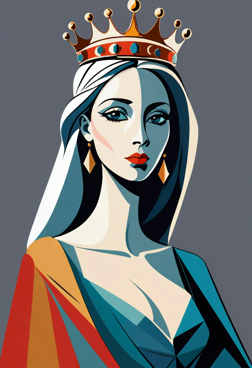 Picasso Cubism, Queen,  crown, elegant dress，simple geometric shapes and lines，By color、Gradient、Shadows and other methods to enhance the visual effects and layering of graphics。 vector art style has simplicity、clean、modern visual features，Simple background, Death Stare, Solar eclipse background