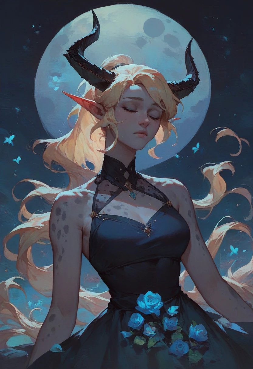 score_9, score_8_up, score_7_up, score_6_up, woman with grey skin, black horns, 1girl, pointed ears, Tranquil, Peaceful, skin patterns, spots, dress, ponytail, psychiatrist, closed eyes, blue moon, serenity, dark, night,