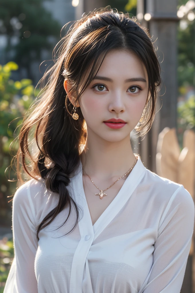 Teens girl Indonesian,UHD, close-up of cute Korean female,Chest size 32 inches, ponytail, Wearing rolled sleeves t-shirt, necklace, standing beside the phone booth, sunset light