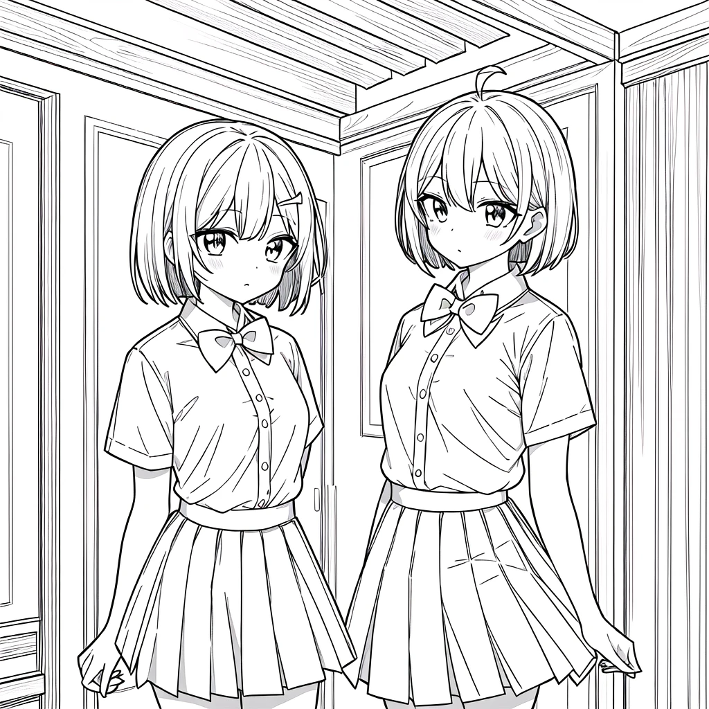 masterpiece, Highest quality, One girl, 一人in, length_hair, Looking_in_Audience, Monochrome, Line art,
校庭in, summer with bow tie, (shirt:1.4), (pleined skirt:1.3), (bow tie:1.4), Short sleeve,, (Short Bob Cut), (Single Ahoge),