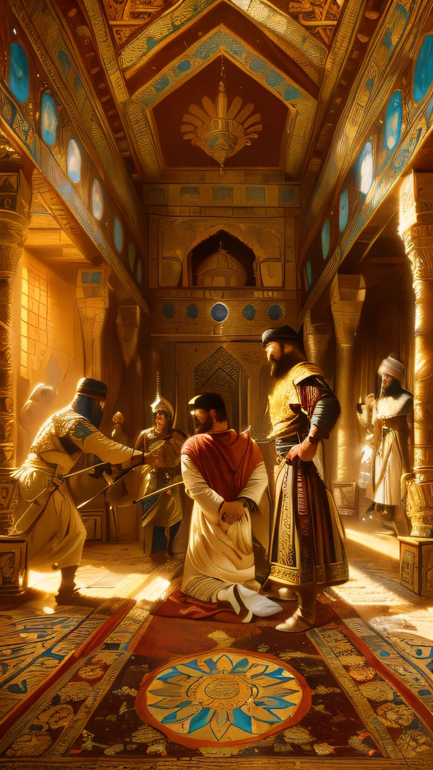A painting of a man kneeling in a room with a sword, Kelenbait, Inspired by Osman Hamdi Bey, by Kamal-ud-Din Behzad, Paintings of Samarkand, inspired Kelenbait, style of by Marc Simonetti, by Marc Simonetti. Complex