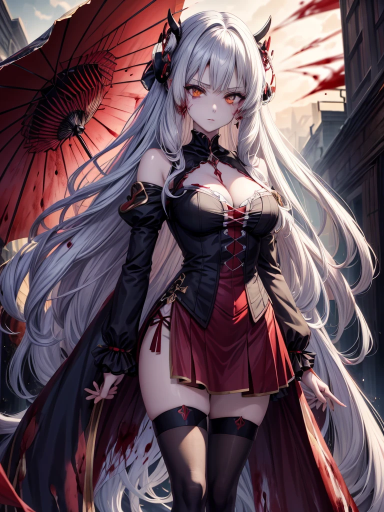 Anime girl with long white hair and black and red umbrella, Gothic Maiden Anime Girl, Best anime 4k konachan wallpaper, Anime Art Wallpapers 8K, anime art wallpaper 4k, anime art wallpaper 4k, 4k anime wallpaper, Anime Style 4K, anime wallpaper 4k, anime wallpaper 4k, Devil Anime Girl, Gveiz, (Blood splatter:1.5)