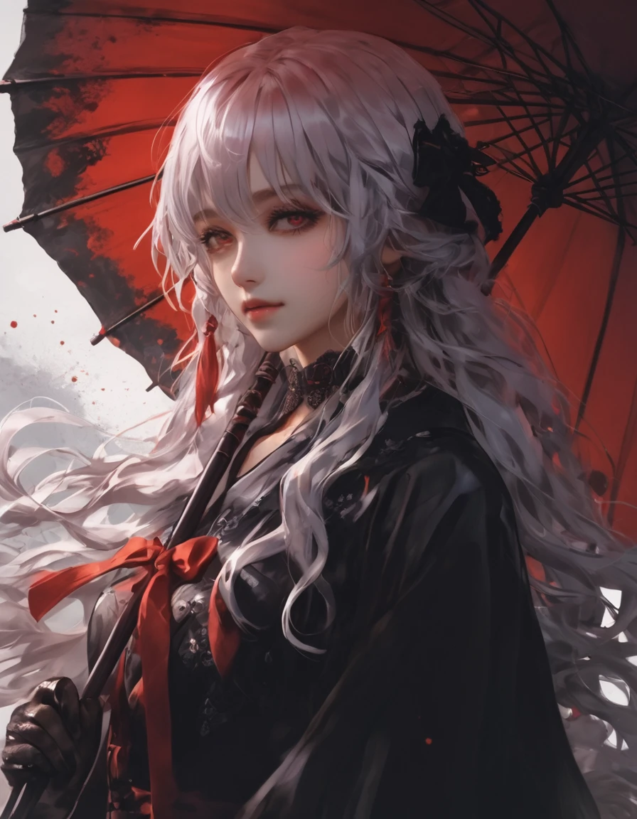 Anime girl with long white hair and black and red umbrella, Gothic Maiden Anime Girl, Best anime 4k konachan wallpaper, Anime Art Wallpapers 8K, anime art wallpaper 4k, anime art wallpaper 4k, 4k anime wallpaper, Anime Style 4K, anime wallpaper 4k, anime wallpaper 4k, Devil Anime Girl, Gveiz, (Blood splatter:1.5)