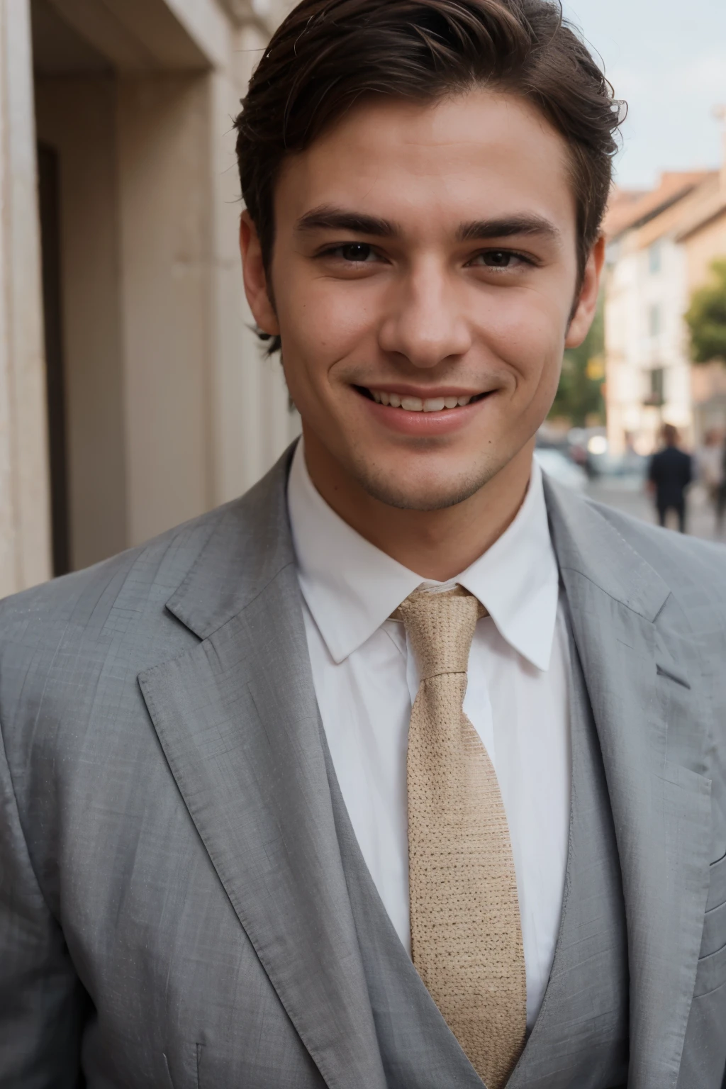 A close-up of the face of a charming European man, appealing, Grinning, and in a suit, Youngh.