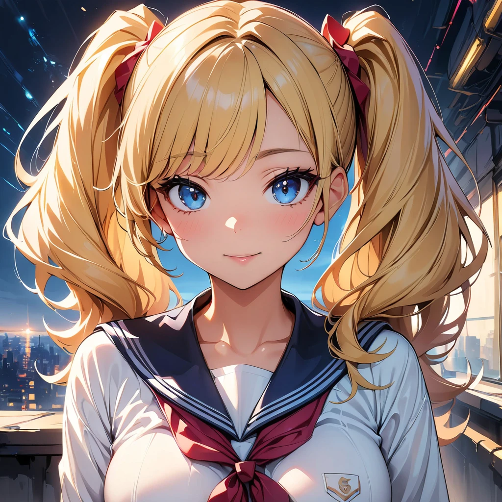 (Highest quality, 4K, masterpiece :1.3), Beautiful woman, 1 Girl, (chest, Attractive body :1.2), ＪＫ:1.1, Blonde twin tails: 1.1, Sailor suit, Highly detailed face, Lip details, Beautiful Eyes, double eyelid　hoodie　Cute Bird　Fantasy　pretty girl