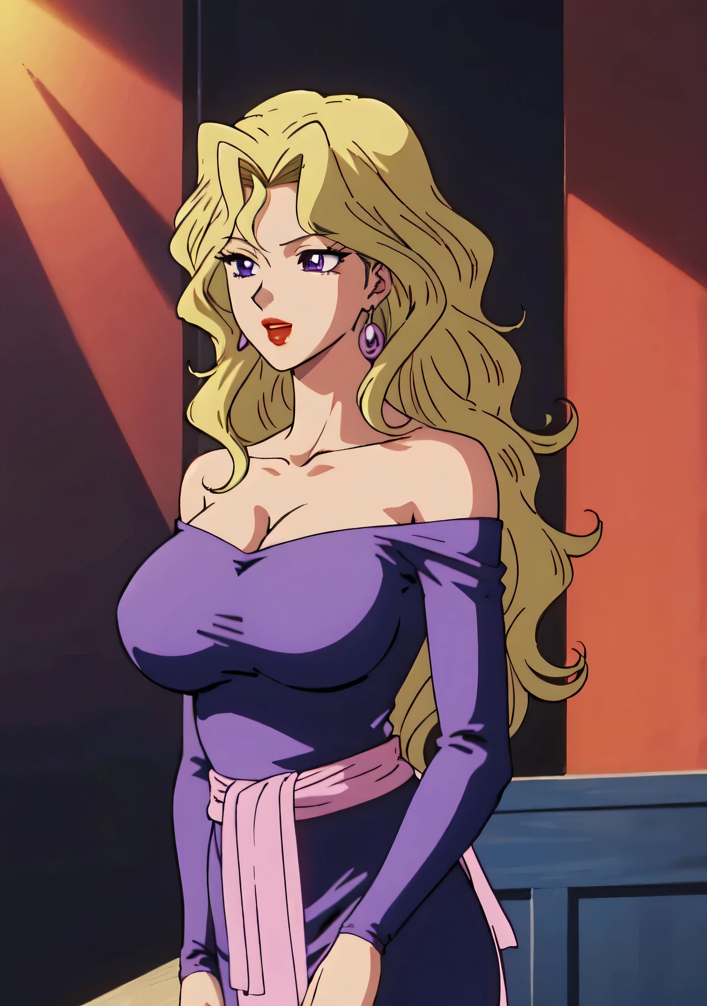 masterpiece、Highest quality、Anime Women、solo、Watching the audience、laugh at、Long Hair、bionde、eyelash、lipstick、Purple Eyes、Wavy Hair、Big Breasts、A woman with very large breasts、collarbone、Purple bodysuit、Off the shoulder、Long sleeve、Pink sash、