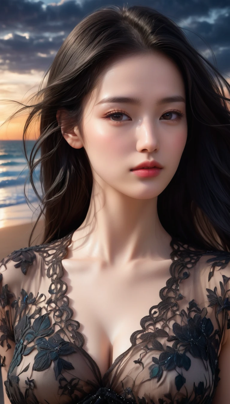 ((Masterpieces with up to 16K resolution:1.6)),Highest quality,it is really amazing,Very detailed,Ultra-high resolution,((Real:1.5)),((Realistic:1.5)),Increased depth of field,((Cinematic Light Effects:1.5)),
Elegant mature woman,
Long black hair,((Ultra-detailed and beautiful faces:1.5)),Translucent white skin,Very detailedな肌の質感,Great proportions,Anatomically correct body,
Elegant high leg swimsuit,Artistic design,Beautiful and detailed pattern,Luxurious jewellery decoration,Detailed fabric texture,
Coastal landscape at dusk,Dark clouds and dark sky,delay々Continuing sandy beach, Deserted Beach,Dark sea surface,
((Focus on a woman's face:1.5)),(((Dramatic Angle:1.8))),