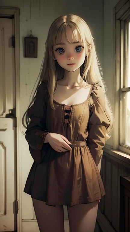 best quality,masterpiece,1girl,solo,(((13years old))),japanese girl,an extremely cute and beautiful girl,highly detailed beautiful face and eyes,petit,cute face,lovely face,baby face,shy smile,show teeth, Blonde hair,long hair,flat chest,skinny,slender,no bra,no Panties, Hairless vagina,(((wearing a sexy revealing Aurora costume))),(((standing in reelunsettling dark indoors room),she is looking at the viewer,